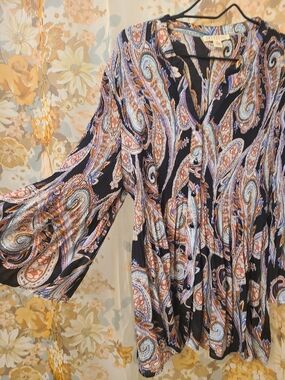 Spense Black Paisley Button-Front Blouse with Multicolor Print